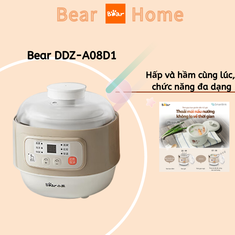 Nồi nấu chậm bear ddz-a08d1,ăn dặm cho bé ,nấu ninh hầm đa năng cách thuỷ 4in1-6 tháng bảo hành-bear-home store