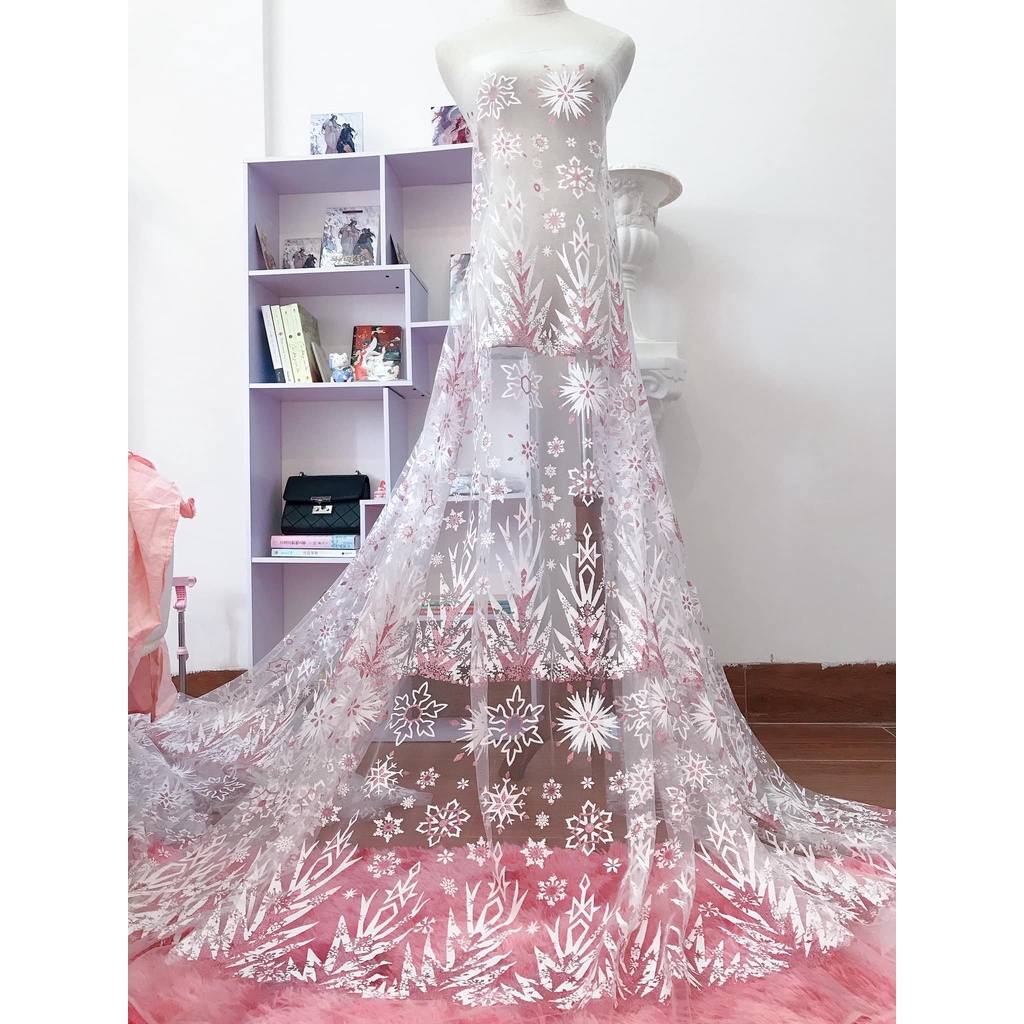 Vải voan lưới elsa anh/ hồng/ đỏ in hình bông tuyết lấp lánh khổ 1m6