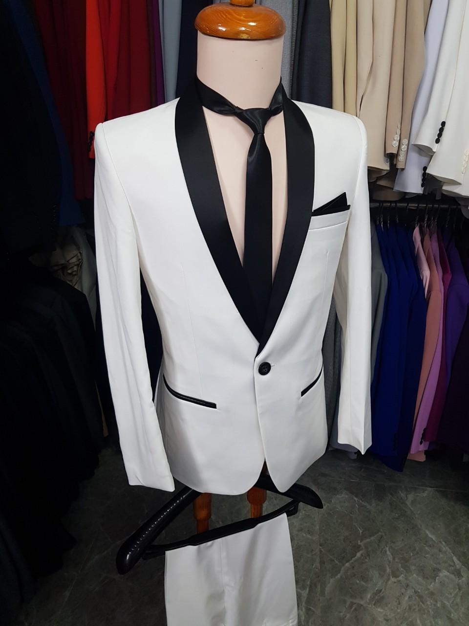 [HCM]Bộ vest nam màu trắng kiểu cổ sam phi đen bóng form ôm body