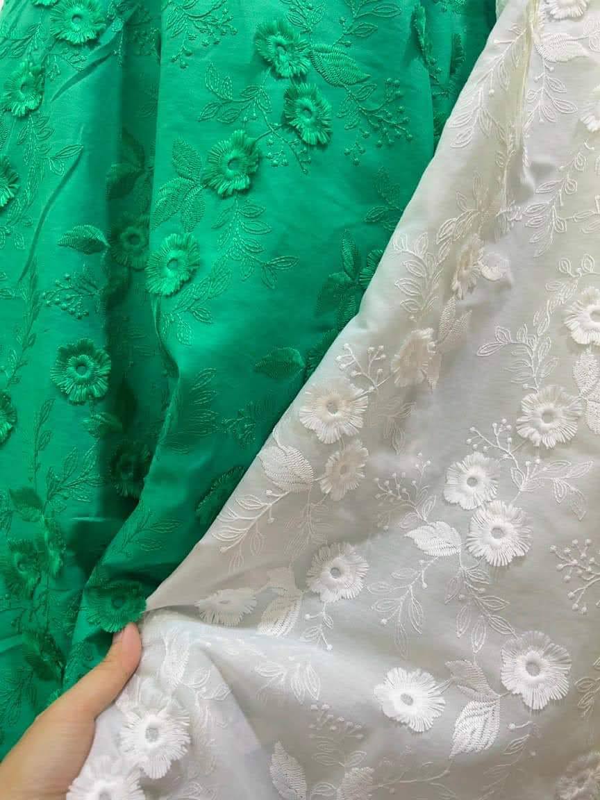 Vải thô thêu hoa 3D tím cốm trắng hồng