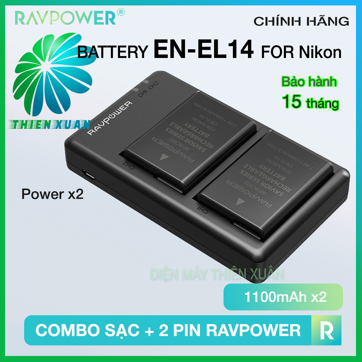 Bộ 2 Pin + 1 Sạc đôi Ravpower EN-EL14 Cho Nikon D3100 / D3200 / D3300 / D5100 / D5200 / D5300 / D5500