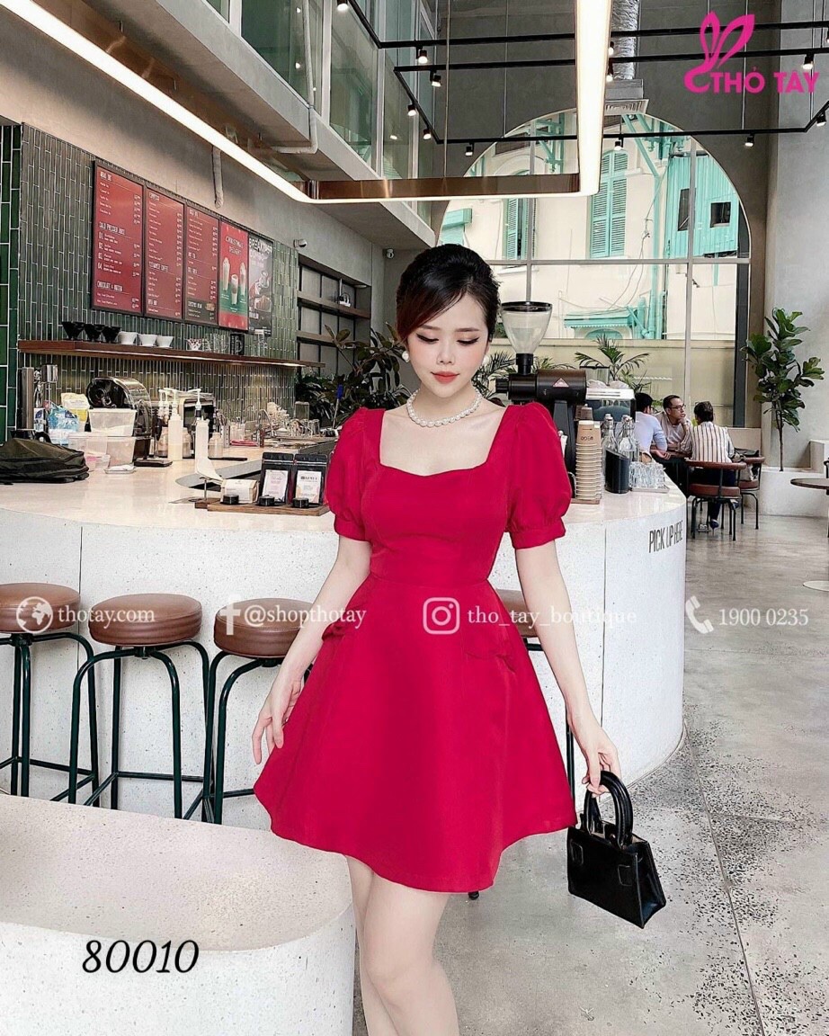 [HCM]Đầm Xòe Cổ Vuông Phối Tay Phồng Sang Chảnh Ôm Dáng Khoe Gợi Cảm.TH