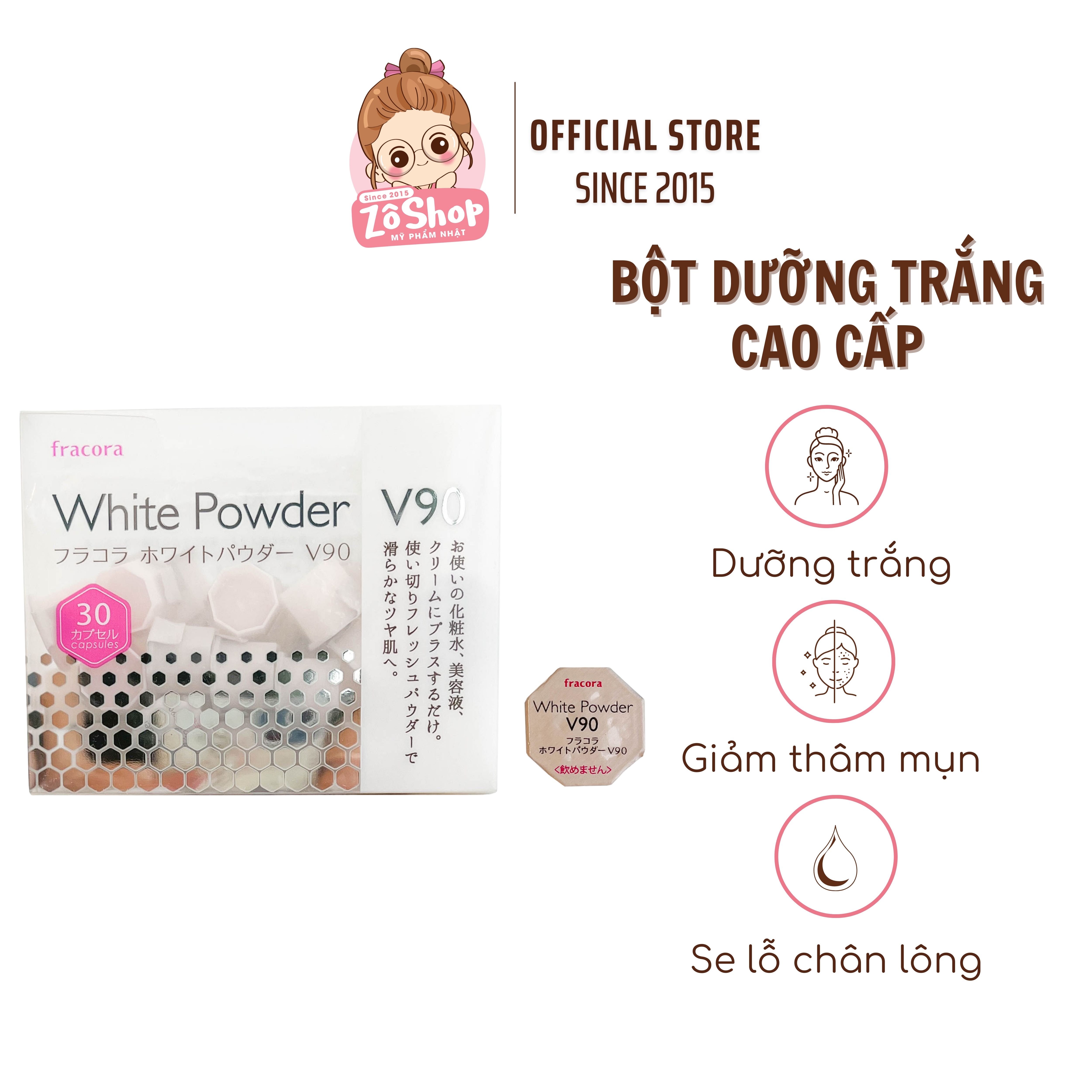 Bột dưỡng siêu trắng, căng bóng da, giảm thâm cao cấp Fracora White Powder V90