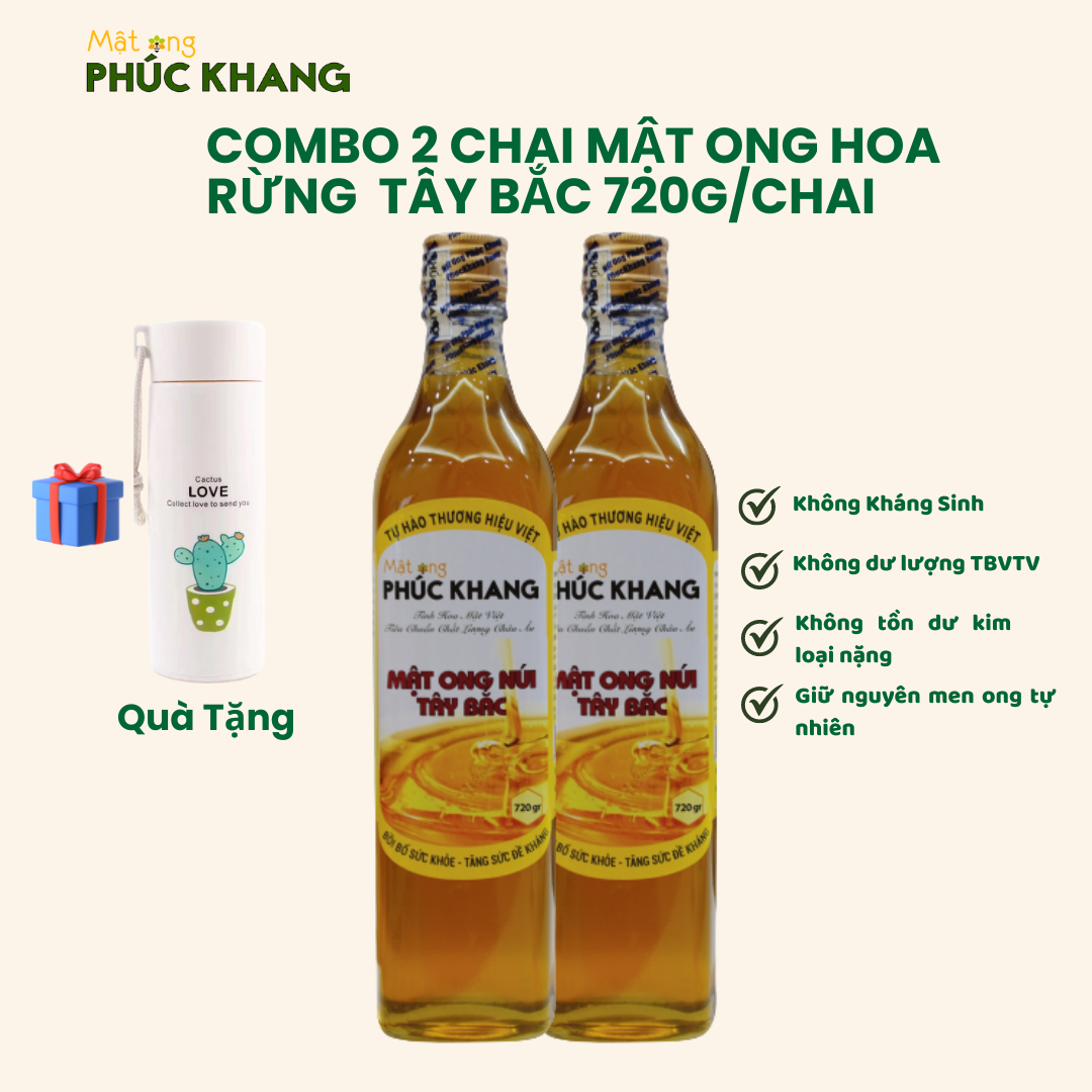 Combo 2 chai Mật ong rừng Tây Bắc Phúc Khang Cao Cấp 720g/chai - Tặng Bình giữ nhiệt tiện lợi