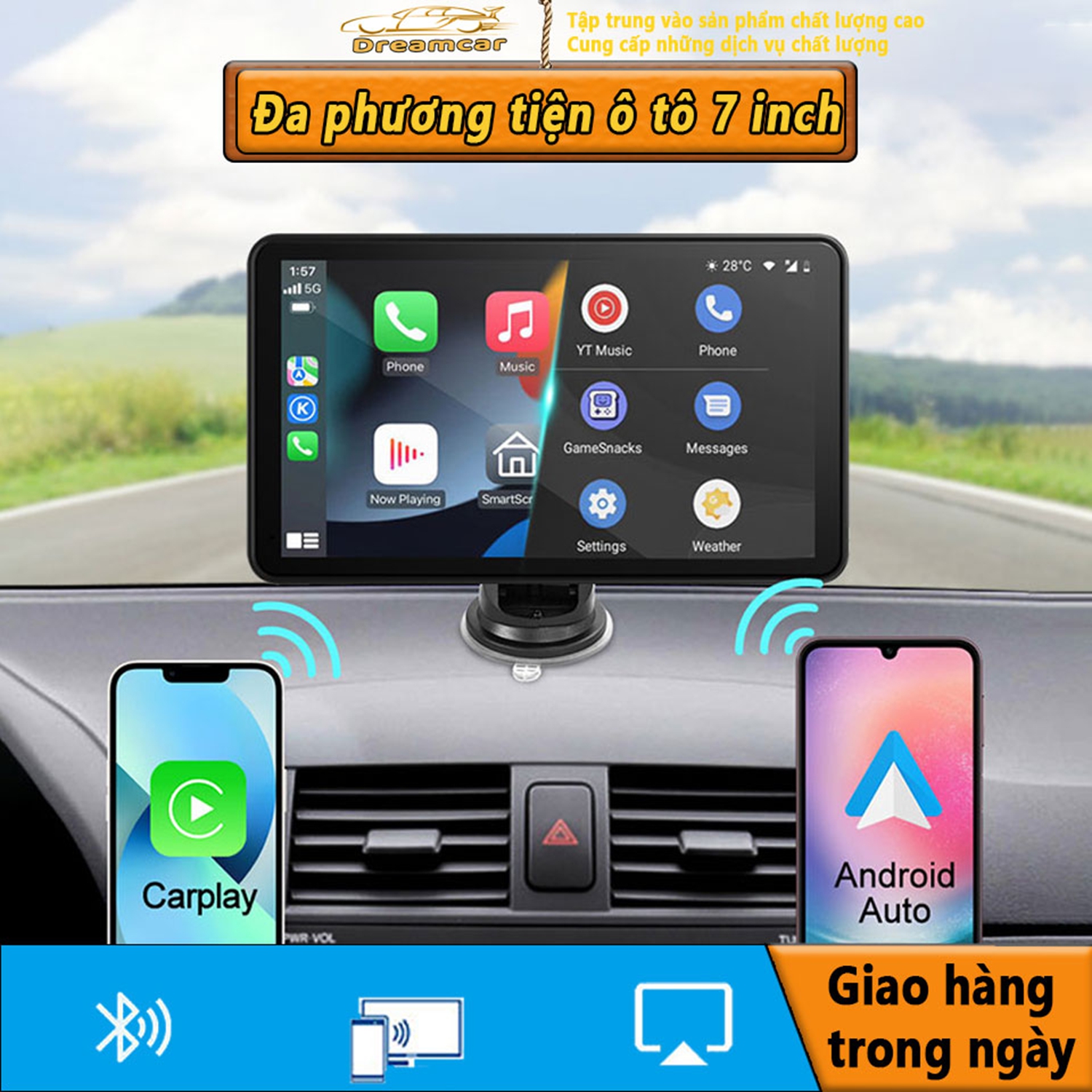 7 inch Carplay Android Auto đài phát thanh xe hơi máy nghe nhạc video đa phương tiện Màn hình cảm ứng Bluetooth di động với giao diện Type C phụ trợ cho camera chiếu hậu