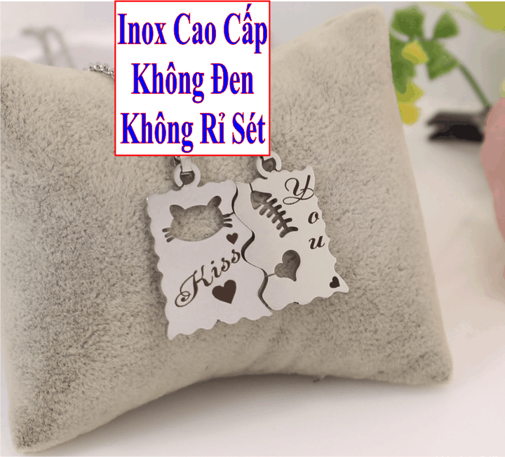 Dây chuyền cặp đôi inox Đẹp Mà Rẻ hình mèo và xương cá khắc chữ Kiss You màu trắng - Cam kết 1 đổi 1 nếu hoen , gỉ sét