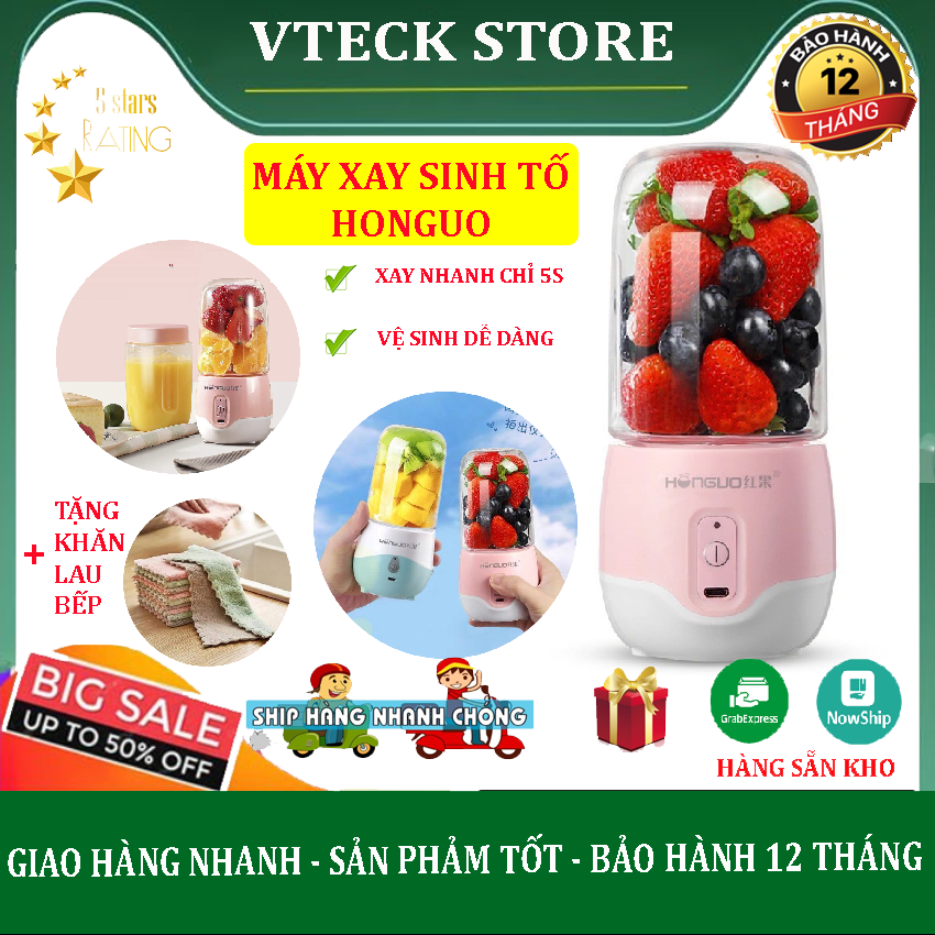 Máy Xay Sinh Tố Cầm Tay Đa Năng HONGUO 300Ml, Dung Lượng Pin 1200Mah, Bảo Hành 6 Tháng - MÁY XAY SINH TỐ TRÁI CÂY CẦM TAY CAO CẤP HONGUO SẠC PIN 300ml