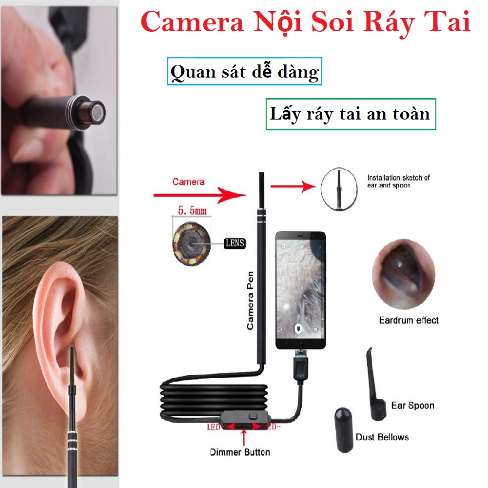 Máy hút ráy tai, Máy lấy ráy tai cho bé, Camera Nội Soi Tai Camera Nội Soi Tai Siêu Nét Đi Kèm Bộ Đầu Lấy Ráy Tích Hợp 6 Bóng Led, Soi Tai Mũi chuyên nghiệp