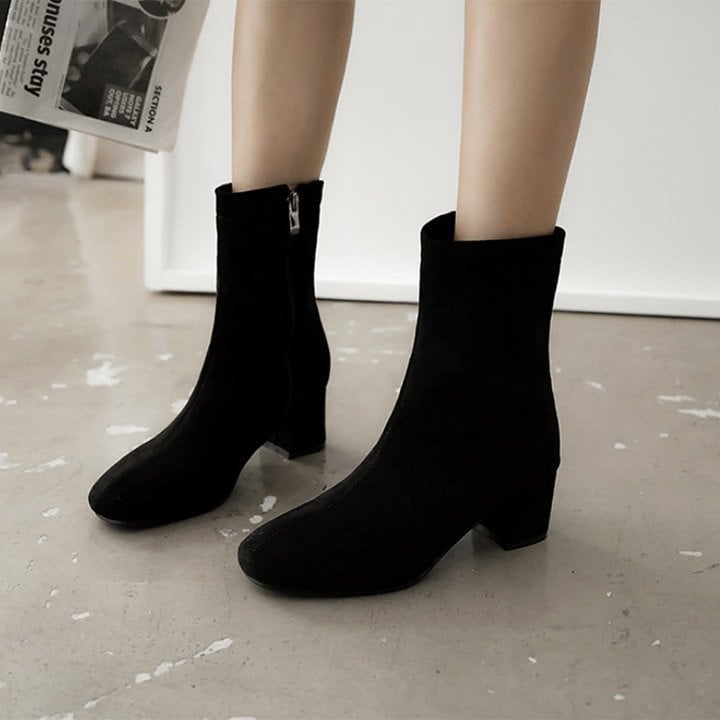Giày boot nữ cổ cao gót vuông da lộn - Giày boot cao gót 5cm - Giày boot da lộn 2 màu Đen và Nude - Linus LN290