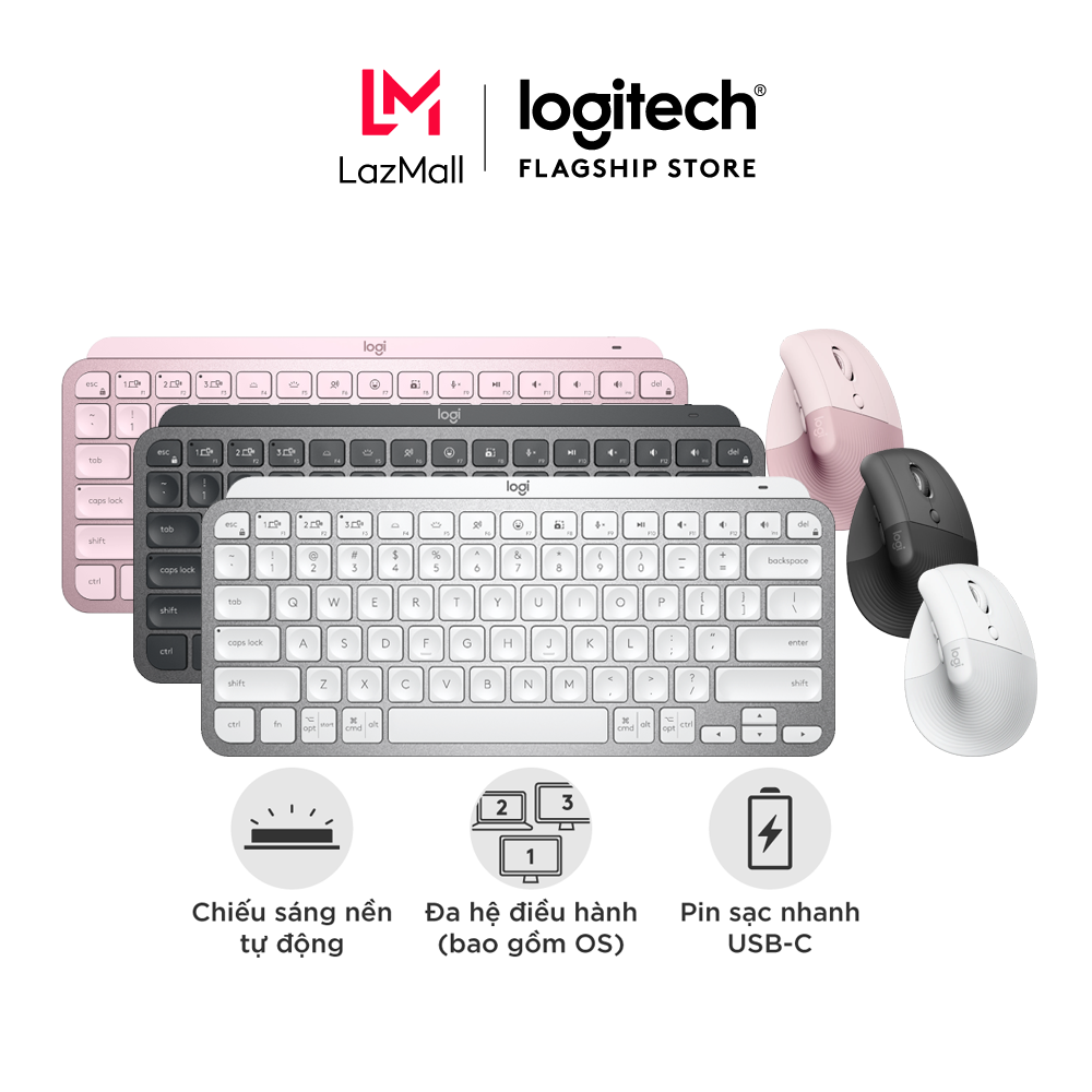 Combo bàn phím Logitech MX Keys Mini và chuột Logitech Lift Vertical - Bluetooth, USB Logi Bolt