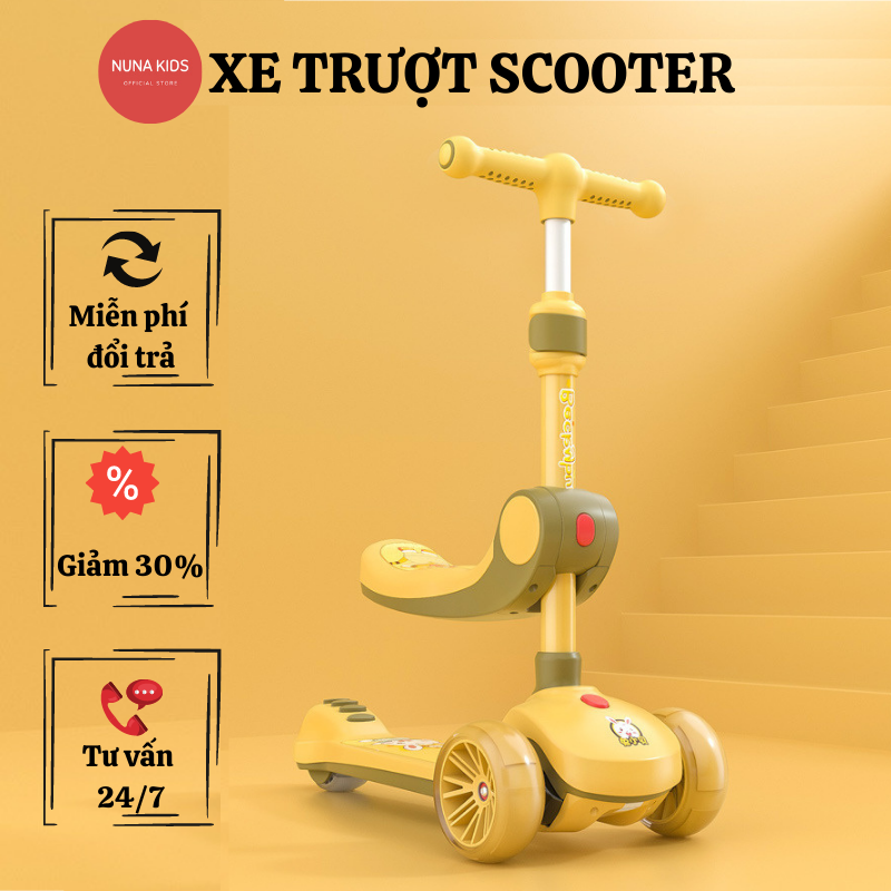 Xe trượt scooter cho bé, xe trượt scooter 3 bánh phát sáng, 2 chế độ đứng và ngồi, có nhạc và ghế ngồi xoay