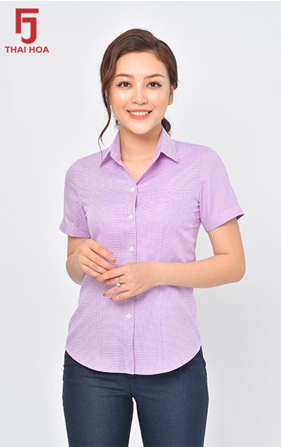 Áo sơ mi nữ ngắn tay sọc caro chìm Thái Hòa N65-05