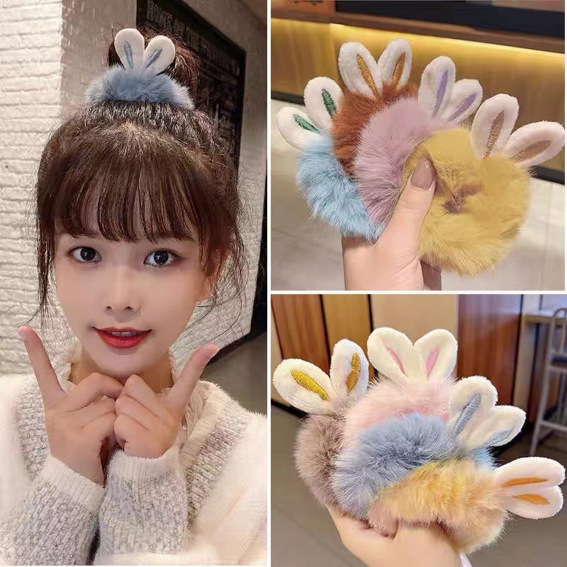 Set 2 dây buộc tóc lông tai thỏ lông mịn lớn dễ thương x8323