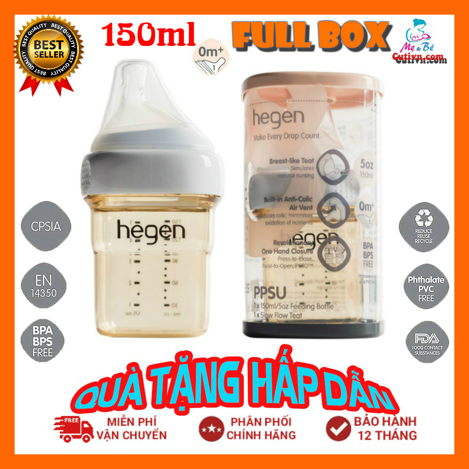 Bình sữa Hegen 150ml cao cấp, bình sữa hegen Full hộp cho bé 0-3 tháng tuổi