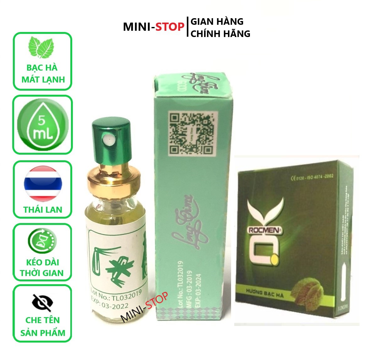 COMBO 1 hộp bcs Rocmen 3S tặng Chai xịt kéo dài thời gian Longtime thái lan 5ml
