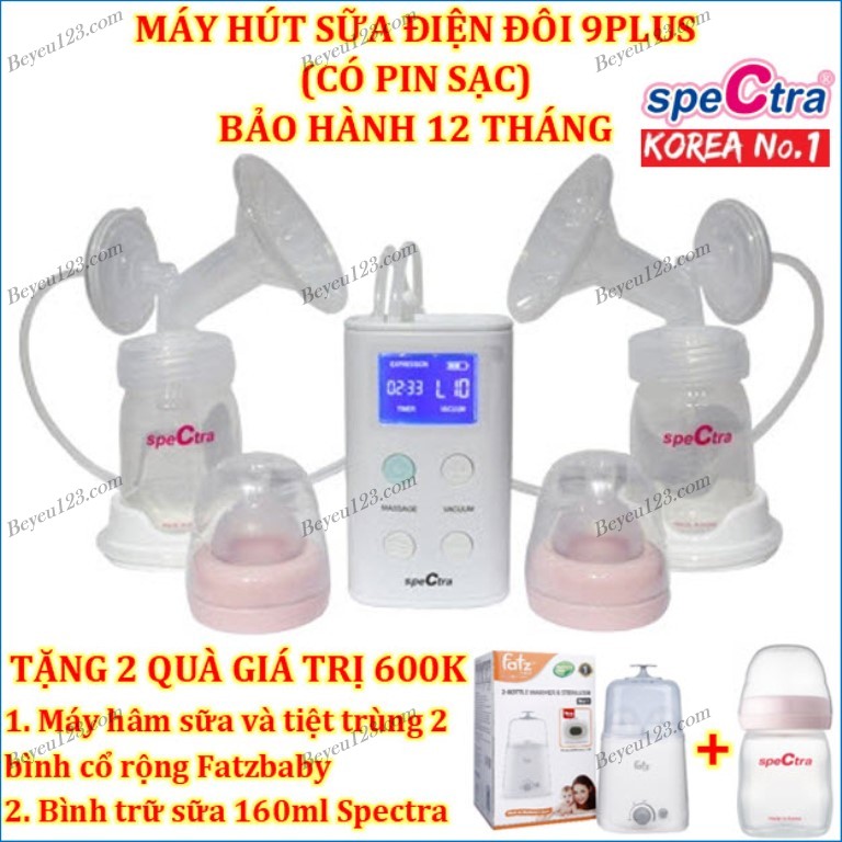 (RẺ VÔ ĐỊCH) (TẶNG 2 MÓN: FB3012SL, 1 BÌNH TRỮ SỮA) Máy hút sữa điện đôi cao cấp màn hình LCD SPECTRA 9PLUS 9 PLUS (Sản xuất tại Hàn Quốc) SPT (Tốt so với: Real Bubee, Unimom, Medela, Avent, Ameda, Sanity) U1015
