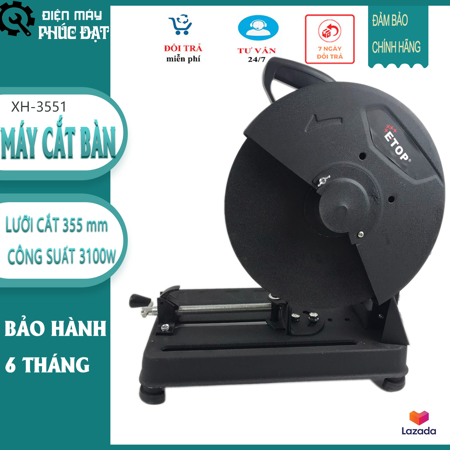 Máy cắt sắt bàn chính hãng etop 3551, công suất lớn 2300w, tốc độ 3900v/p, máy 12kg chắc chắn - tặng 1 lưỡi 185mm