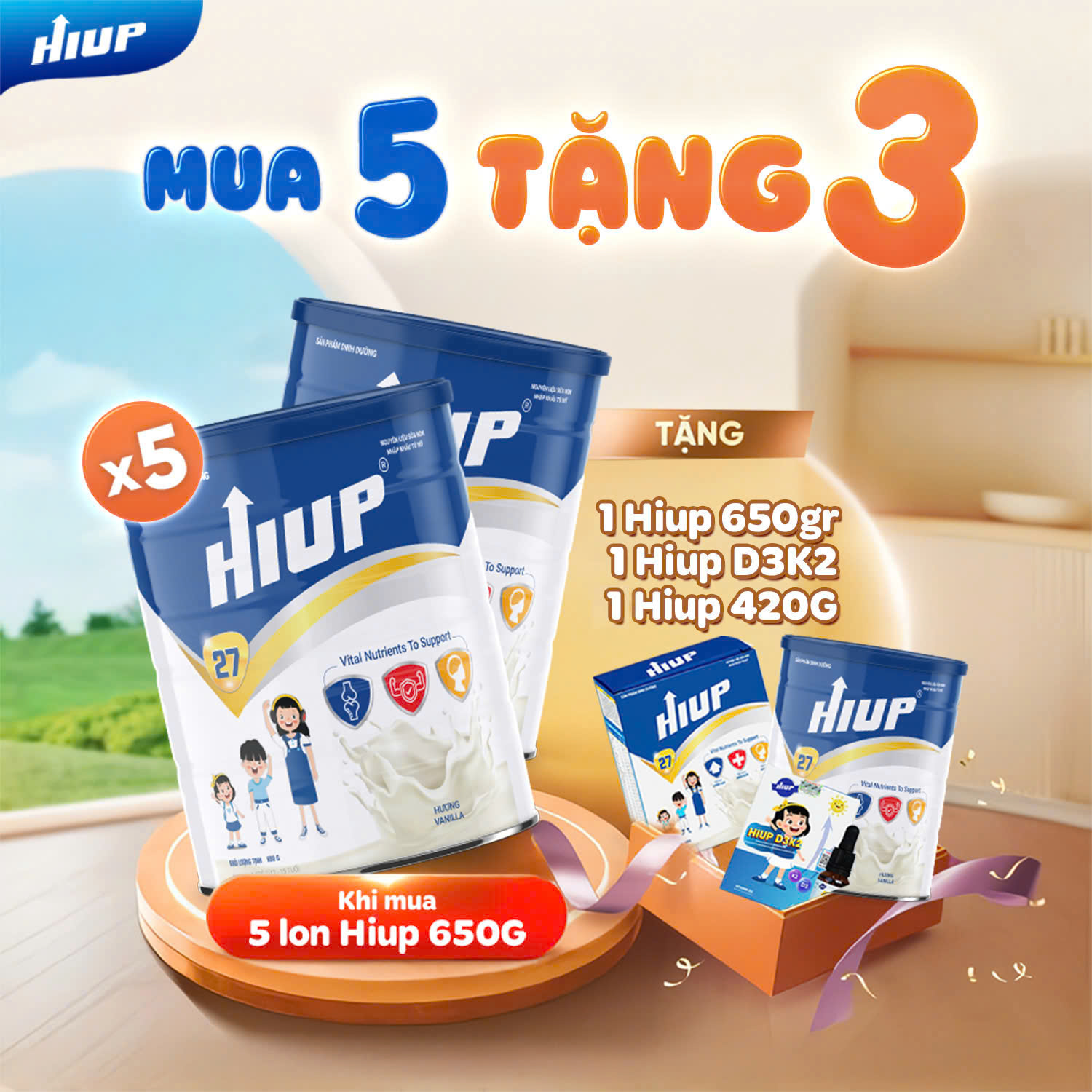 [MUA 5 TẶNG 2 hộp hiup và 1 d3k2] Lon Sữa bột HIUP 650g Cho Trẻ Từ  2 - 15 Tuổi Bổ Sung Canxi, DHA, Vitamin D3 K2, Protein, Sữa Tăng Chiều Cao Cho Bé Hàng Chính Hãng  - NOT VAT