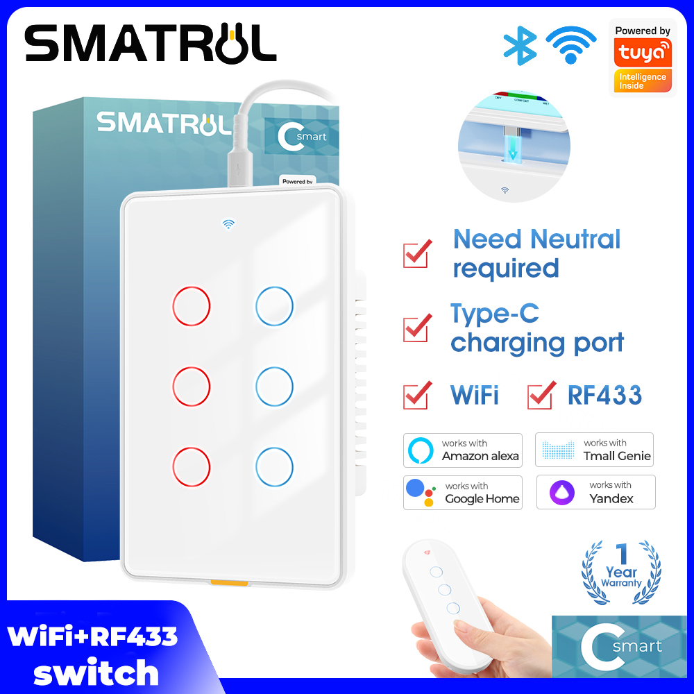 Smatrul tuya Công Tắc Wifi thông minh RF433 từ xa 2 chiều 6 nút bật thông minh công tắc cảm ứng Tường Đèn gia đình 110-240V ứng dụng giọng nói thời gian Loại C cho tmall Genie, Alexa, Google Home