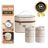 Hộp Cơm Giữ Nhiệt Văn Phòng Lunch Box 4 Tầng Kèm Túi, Lòng chống dinh inox 304 cao cấp