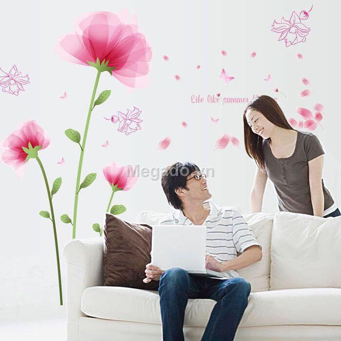 Decal dán tường mẫu hoa pha lê hồng cánh mỏng