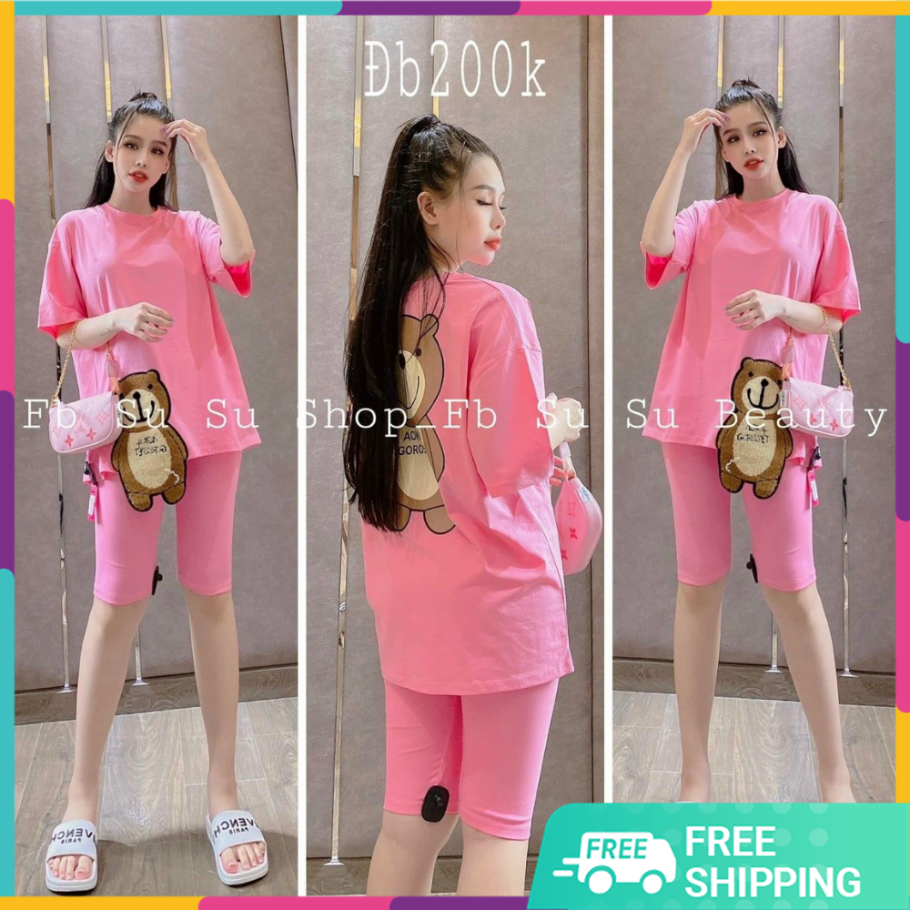 Sét bộ thời trang nữ gấu đáp thun coton mặc nhà siêu xinh from rưới 60kg. tp