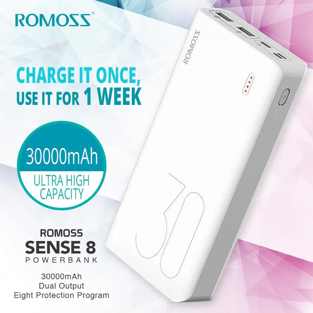 Sạc Dự Phòng Romoss Sense 8 30.000mAh 3 Cổng Sạc Vào - BH 1 Năm