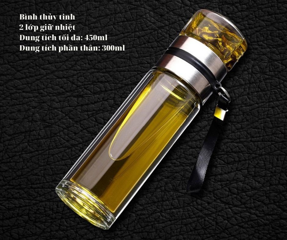 Bình thủy tinh cách nhiệt 2 lớp có lõi lọc inox 450ml