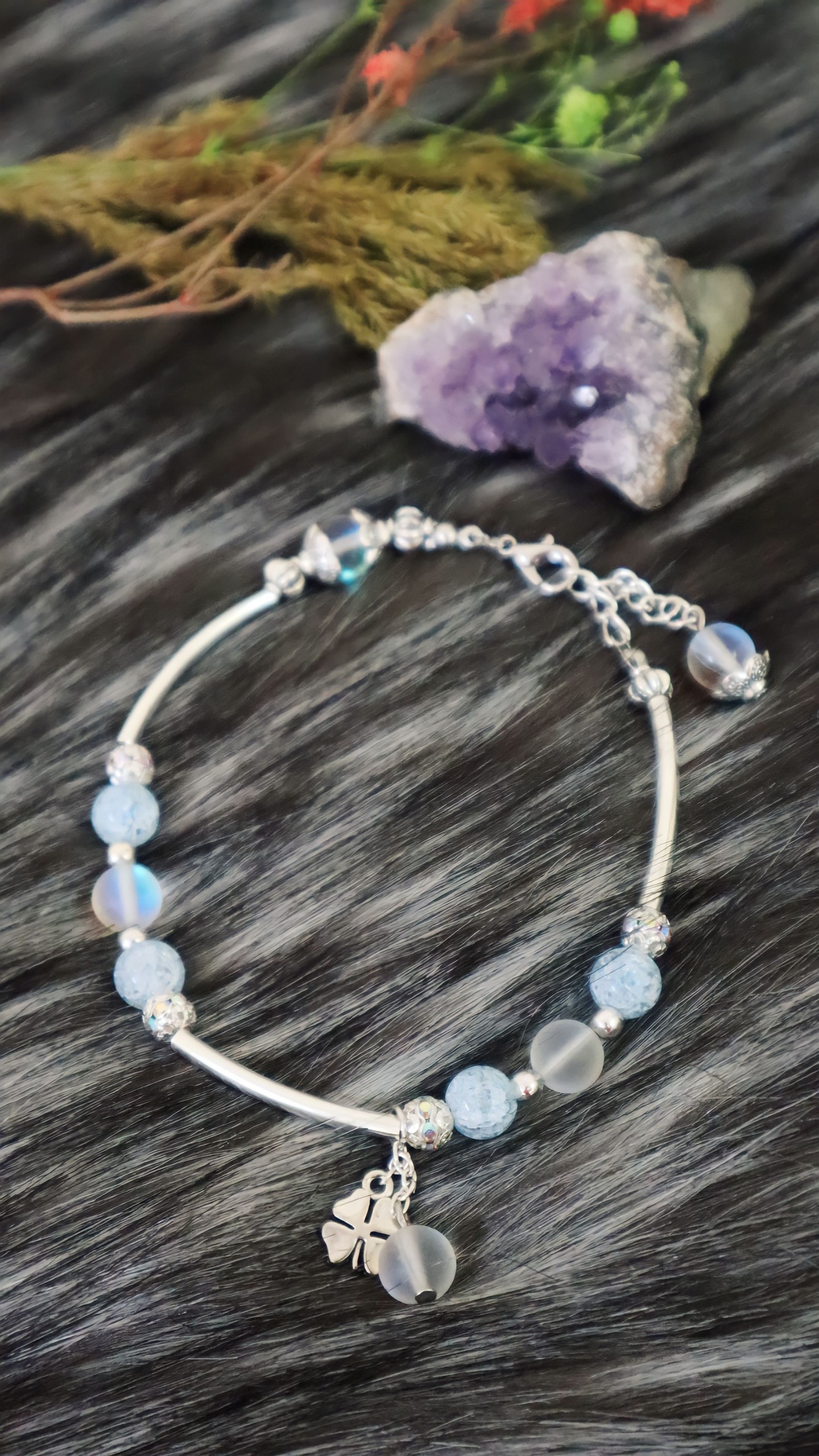 Lắc chân clear quartz mix pha lê mix charm