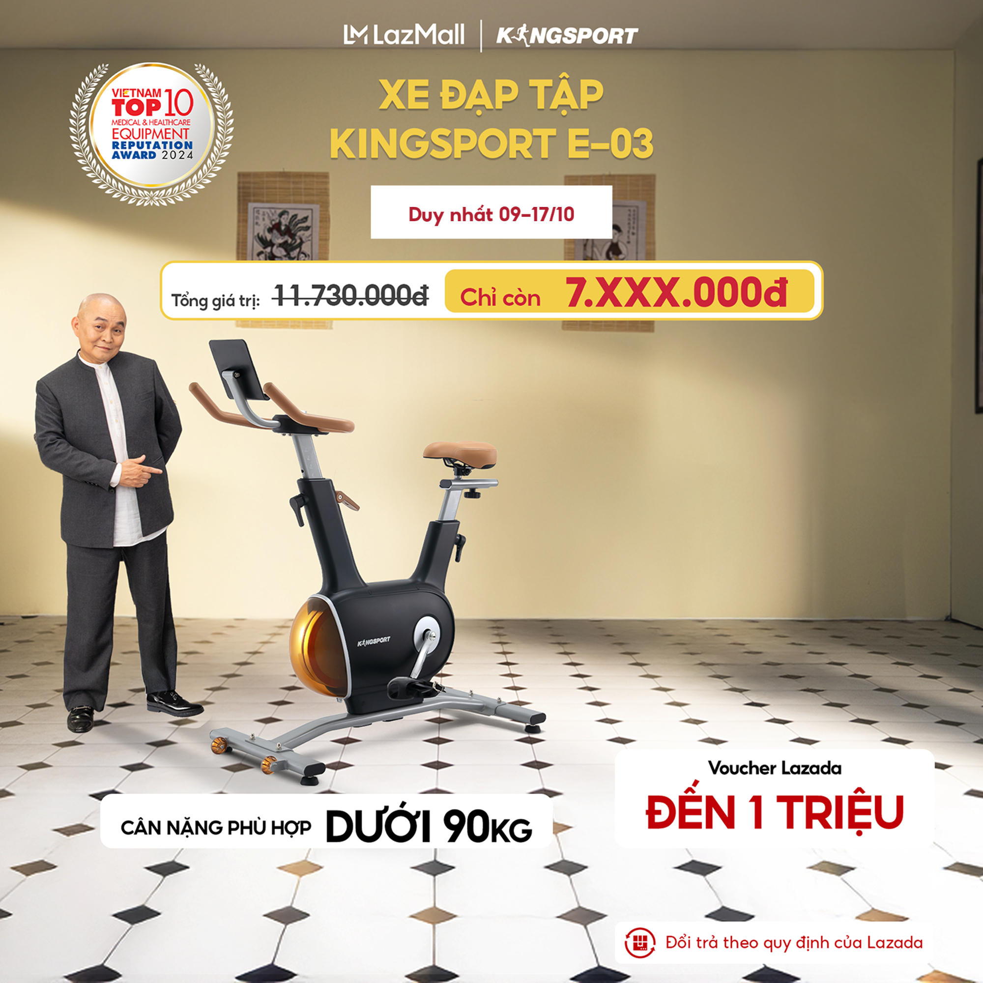 Miễn phí lắp đặt | Xe đạp tập KINGSPORT Creative E-03 Black thiết kế thời trang sang trọng, bánh đà kép 7kg với 32 cấp độ kháng lực