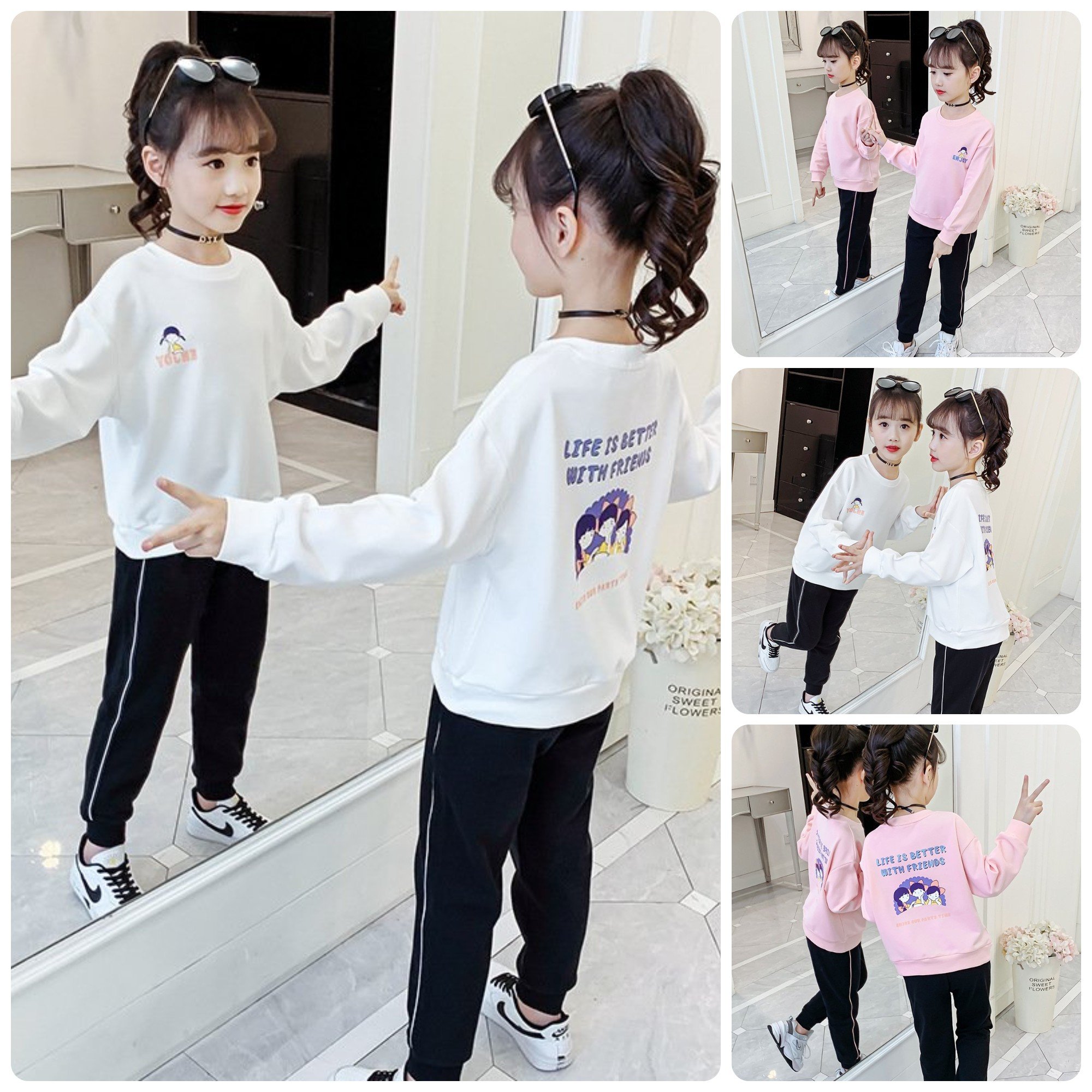Bộ quần áo thu đông dài tay cho bé gái mẫu  ẸNJOY từ 14-45kg-vải nỉ da cá loại đẹp
