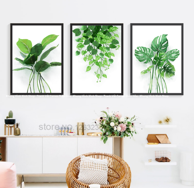 Bộ 3 khung tranh treo tường nghệ thuật in canvas - lá nhiệt đới - kèm khung