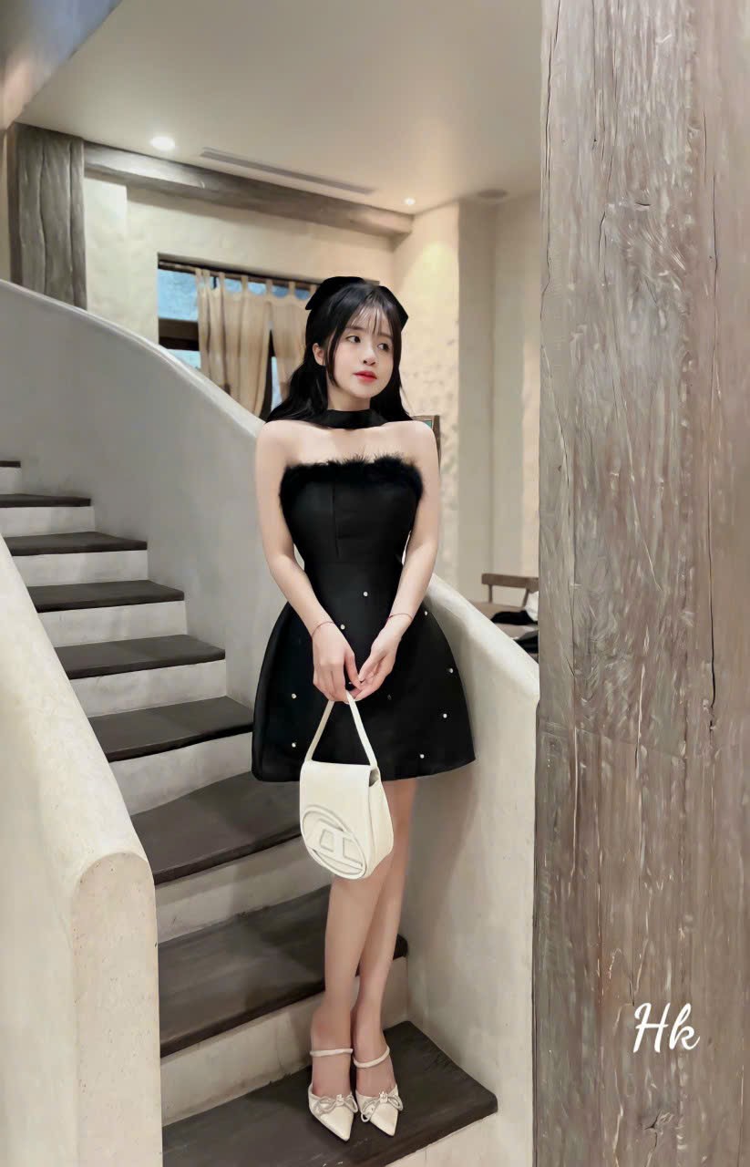Váy đầm nữ đầm tapta phối lông đính cườm