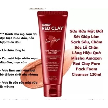 Sữa rửa mặt 2in1 kiêm mặt nạ đất sét đỏ missha amazon red clay pore pack foam cleanser