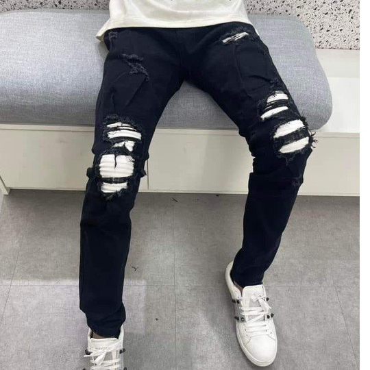 Quần jean nam đen chất bò rách gối co giãn cao cấp vải dày form chuẩn phong cách thời trang trẻ trung giá rẻ