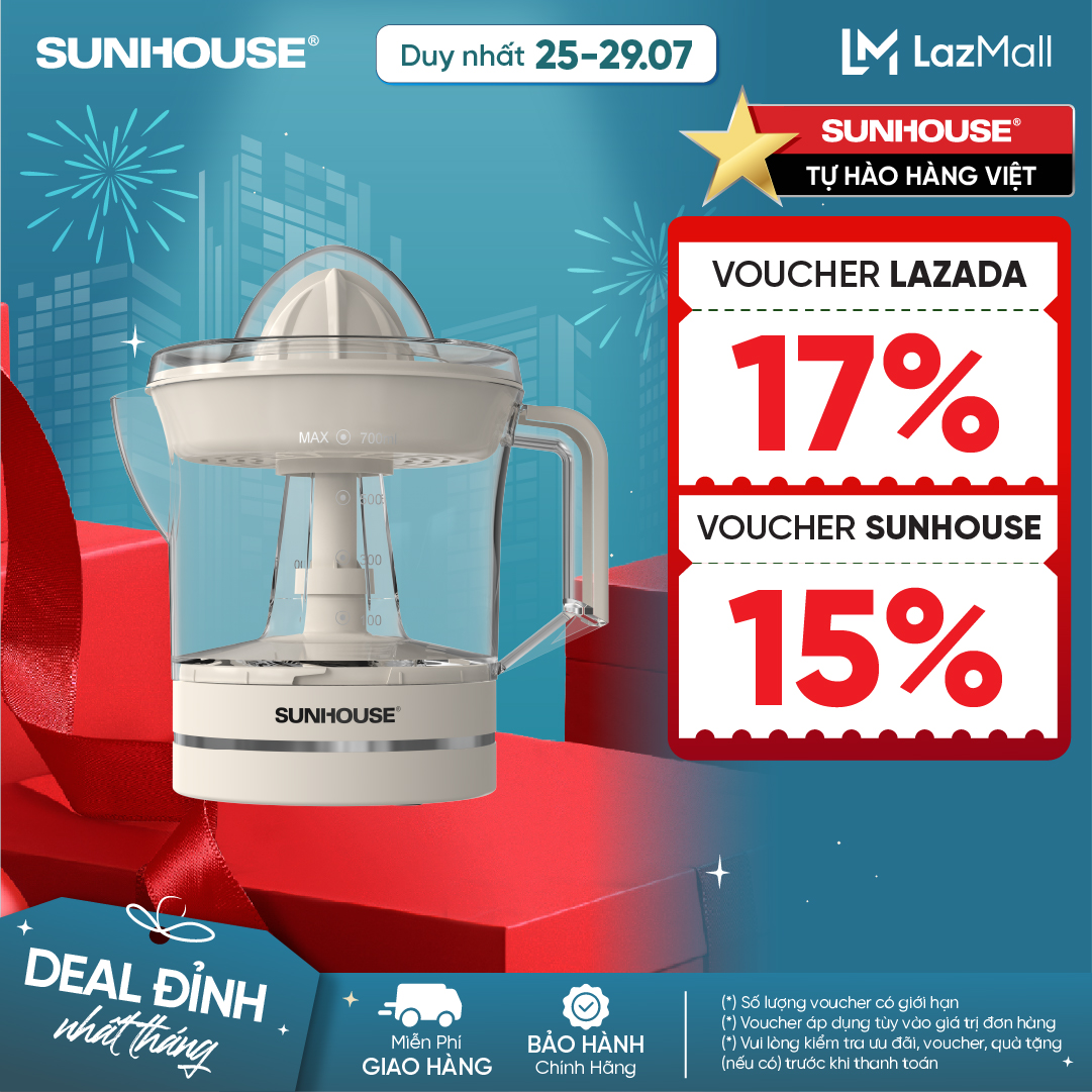 Máy vắt cam Sunhouse SHD5510 - 7L, 25W - Màu be, 2 đầu vắt, tự động đảo chiều - Đế chống trượt - Bảo hành 12 tháng