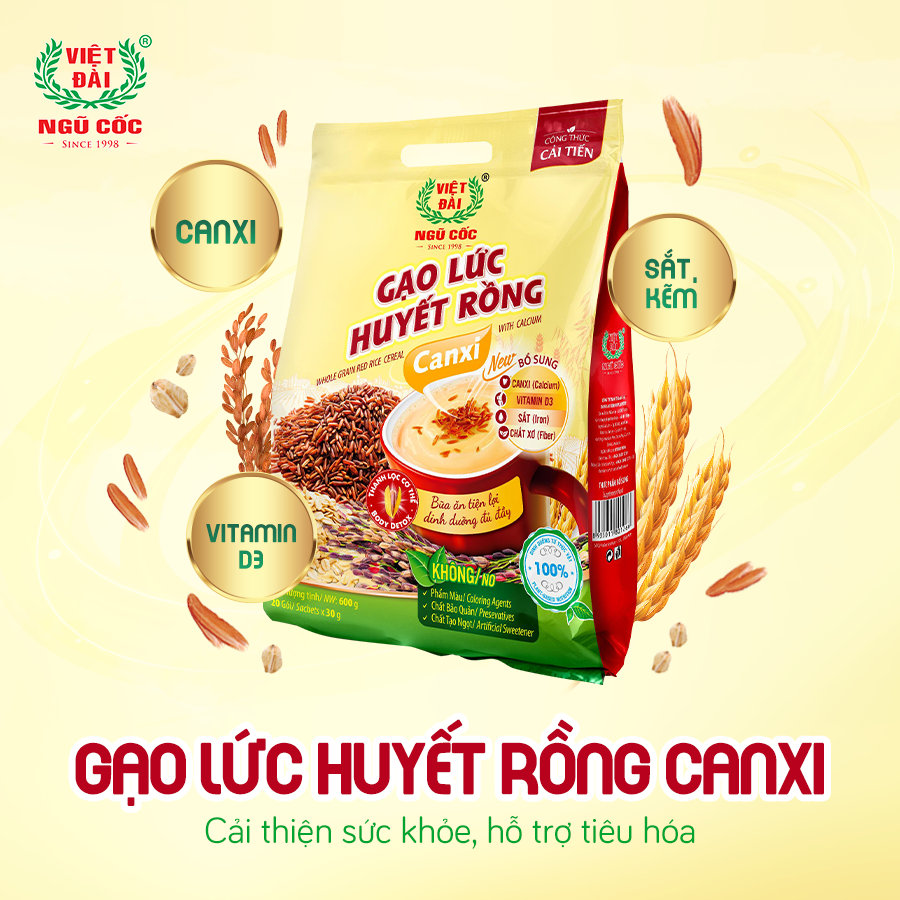 Bột Ngũ Cốc Gạo Lứt Huyết Rồng Canxi VIỆT ĐÀI Thơm Ngon Giúp Thanh Lọc Cơ Thể Túi 600g