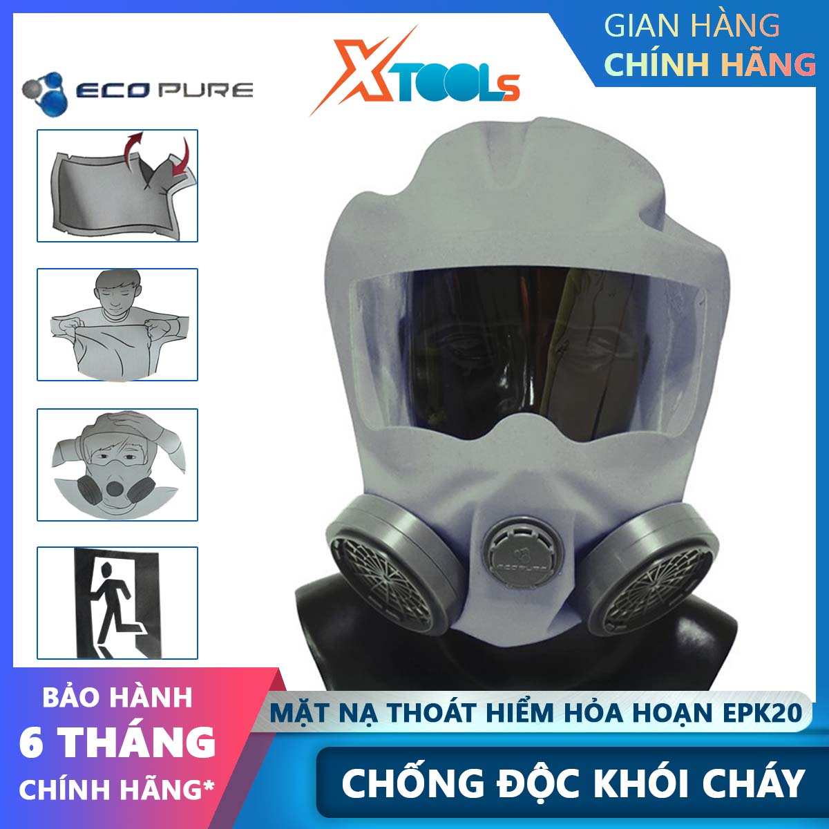 Mặt nạ phòng độc chống khói Eco Pure EPK-20, mặt nạ thoát hiểm EPK-20 Hàn Quốc chống khí độc trùm đầu, mặt nạ chống khí độc