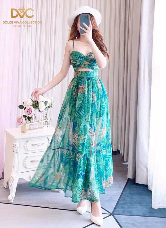 Đầm maxi hai dây hoa xanh siêu sang trọng sg9854654