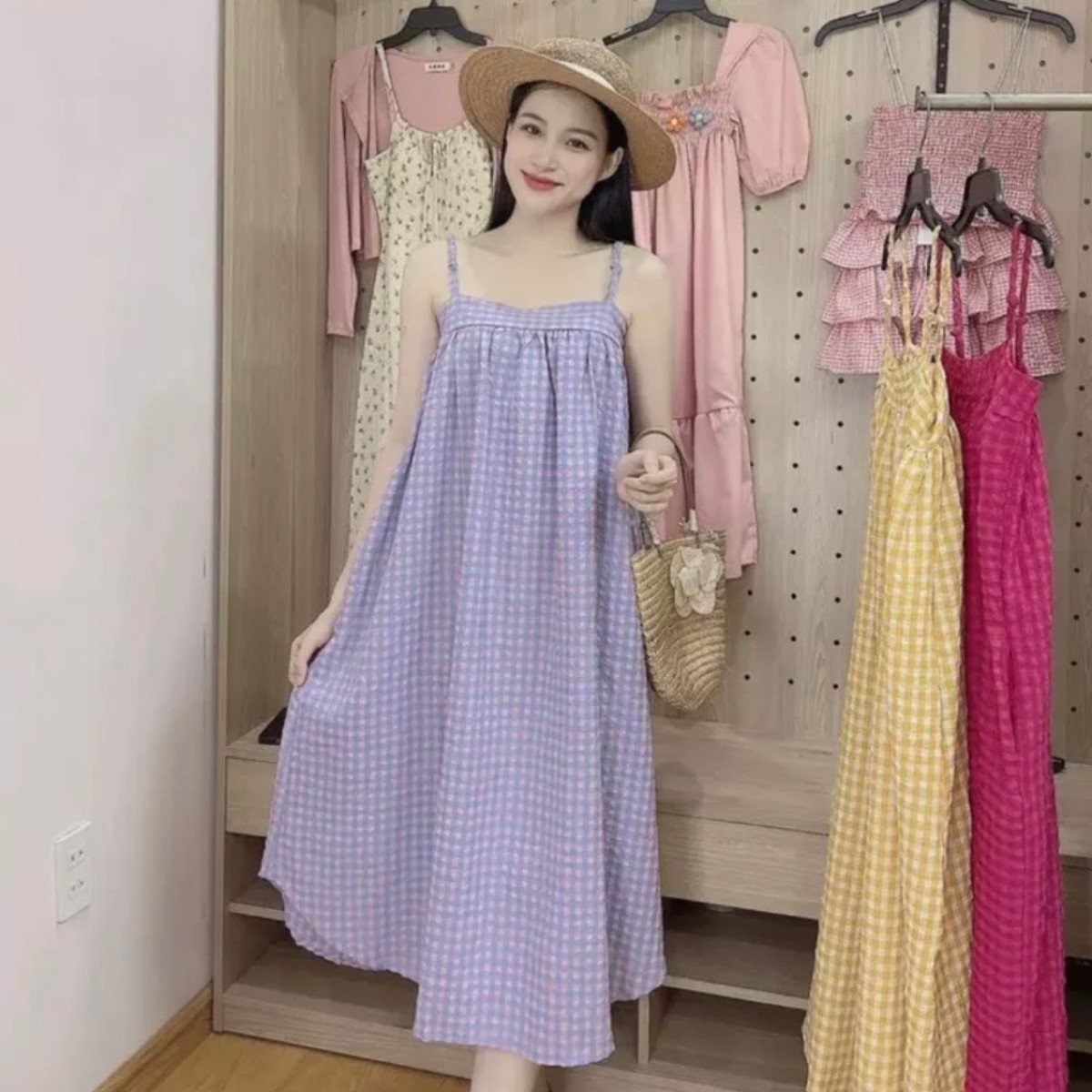 Đầm 2 dây nữ Baby form rộng chất vải Kate Nhật kẻ họa tiết caro FreeSize