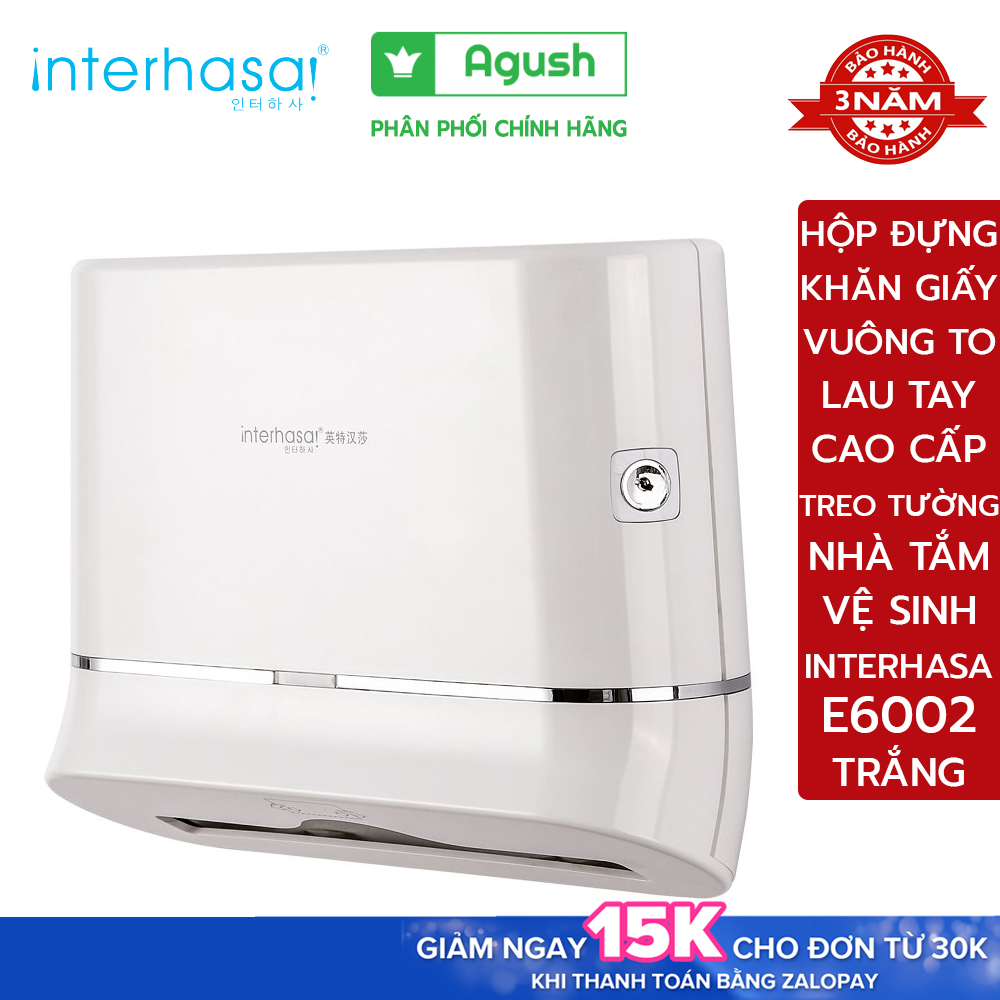 Hộp đựng khăn giấy khô rút lau tay INTERHASA E6002 trắng treo dán tường vuông to đẹp cao cấp chính hãng đa năng trong nhà tắm vệ sinh toilet sang trọng hình chữ nhật bằng nhựa ABS chống nước gắn tường không khoan