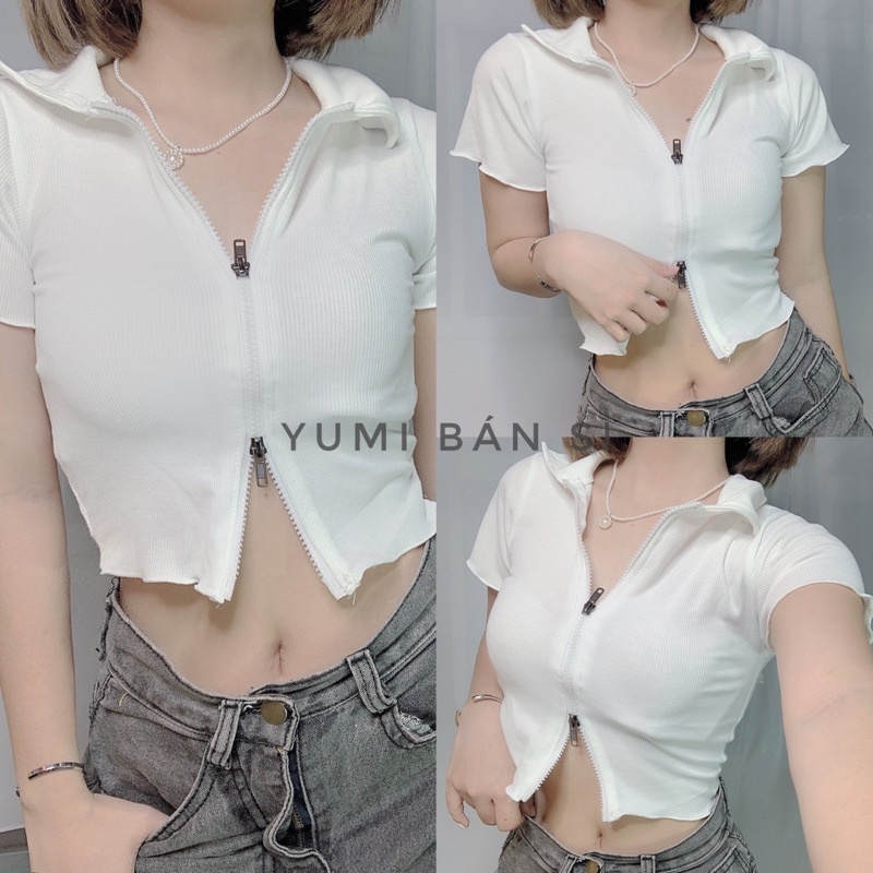 Áo croptop polo cổ v yumi phối dây kéo áo croptop ôm body bâu siêu hot trendy