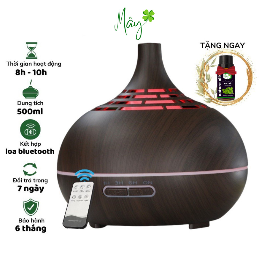 Máy xông tinh dầu kèm LOA BLUETOOTH, máy khuếch tán tinh dầu cổ cao lỗ 500ml, có đèn led 7 màu - Mây
