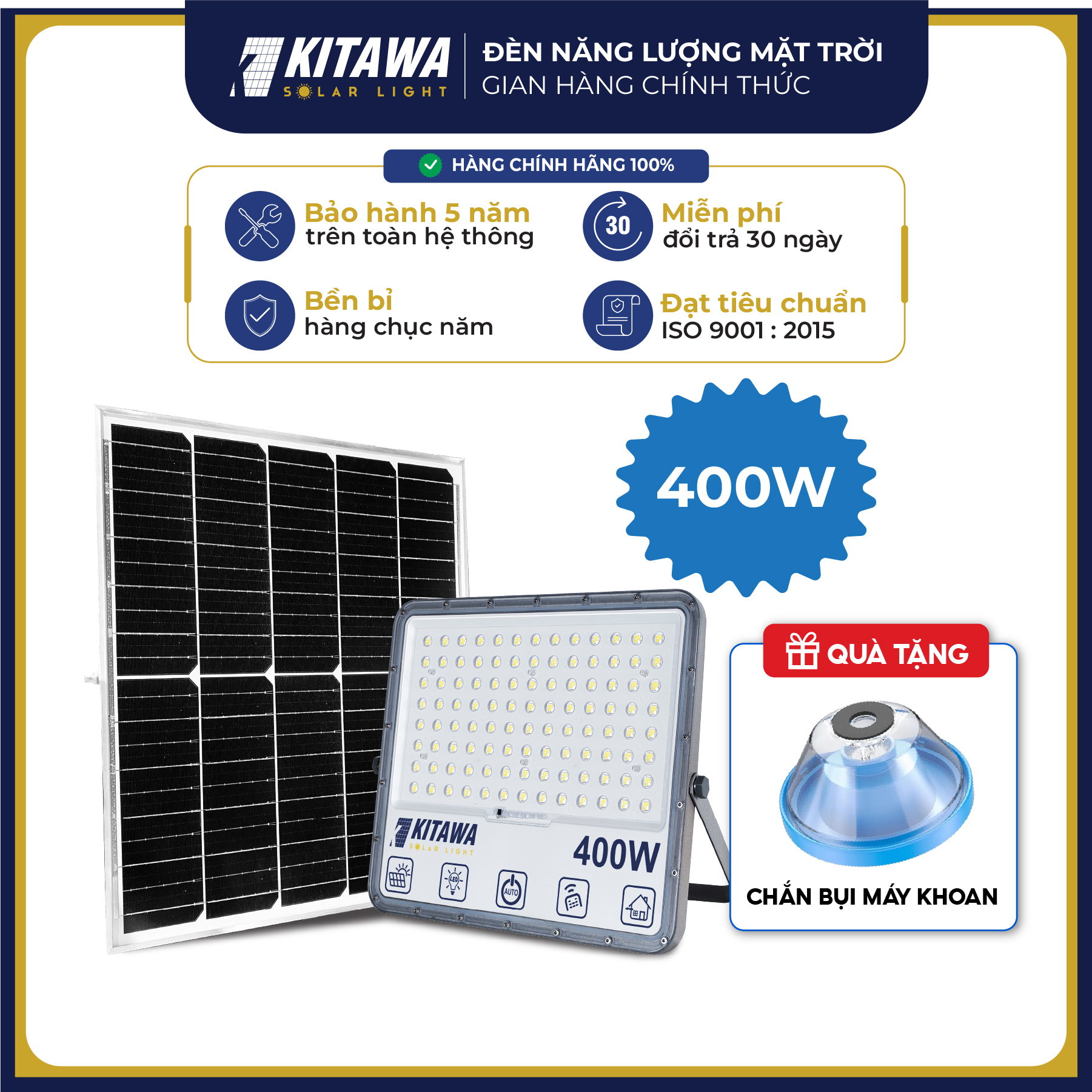 [VOUCHER 10%] Đèn Pha Năng Lượng Mặt Trời Tự Động 400W Mắt Ngọc, Chống Chói Chống Nước IP67 KITAWA - DP15.400 - Sản Phẩm Chính Hãng