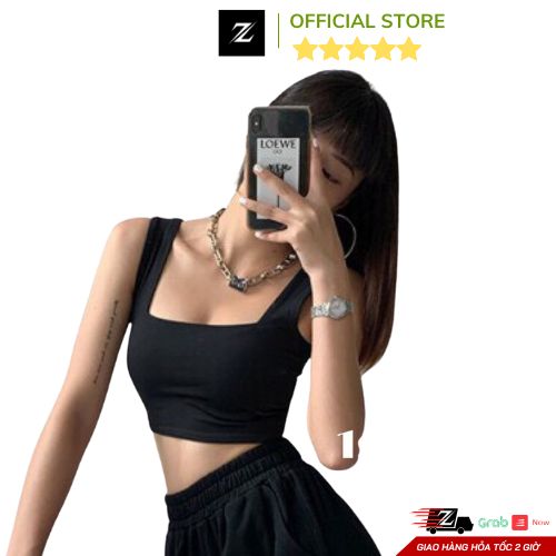 Áo 2 dây nữ bản to thun trơn cổ vuông kiểu dáng croptop ôm ngực màu đen trắng ZCITY