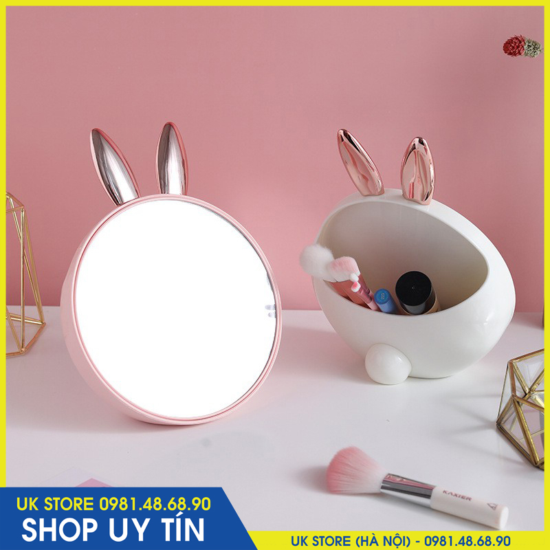 (CHỌN MÀU) Gương Trang Điểm Để Bàn Tai Thỏ Có Ngăn Để Dụng Cụ Trang Điểm Phía Sau HSA1172