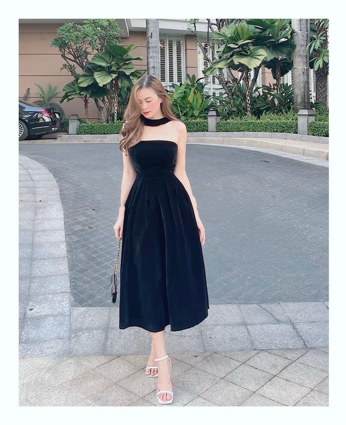 Đầm đi tiệc, đi đám cưới vải nhung màu đen nơ sau lưng quý phái