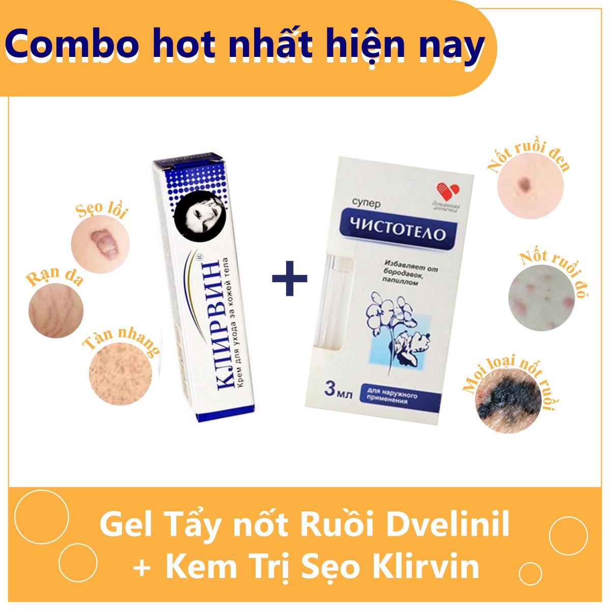 Combo Serum Gel tẩy nốt ruồi tại nhà Dvelinil nhập khẩu Nga + Kem mờ sẹo, Kem ngăn sẹo nga klirvin, kem ngừa sẹo, lồi, thâm, sẹo rỗ lâu năm, Serum tẩy nốt ruồi, mụn cóc, mụn thịt, tàn nhang, sẹo lồi Dvelinil chính hãng