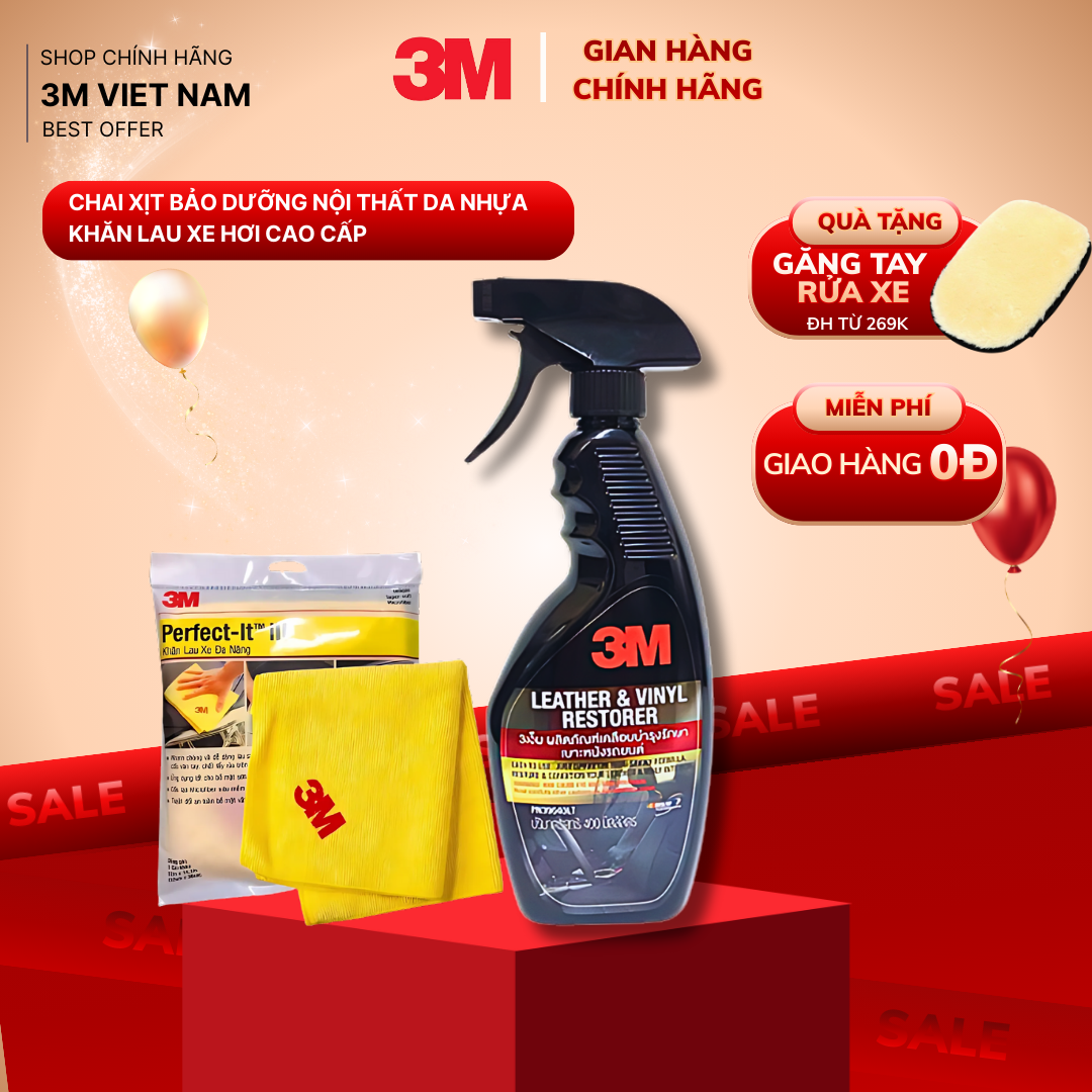 Smart combo Chai xịt chăm sóc và bảo vệ nội thất ô tô 3M™ 39040LT + Khăn lau xe hơi chuyên dụng 50400