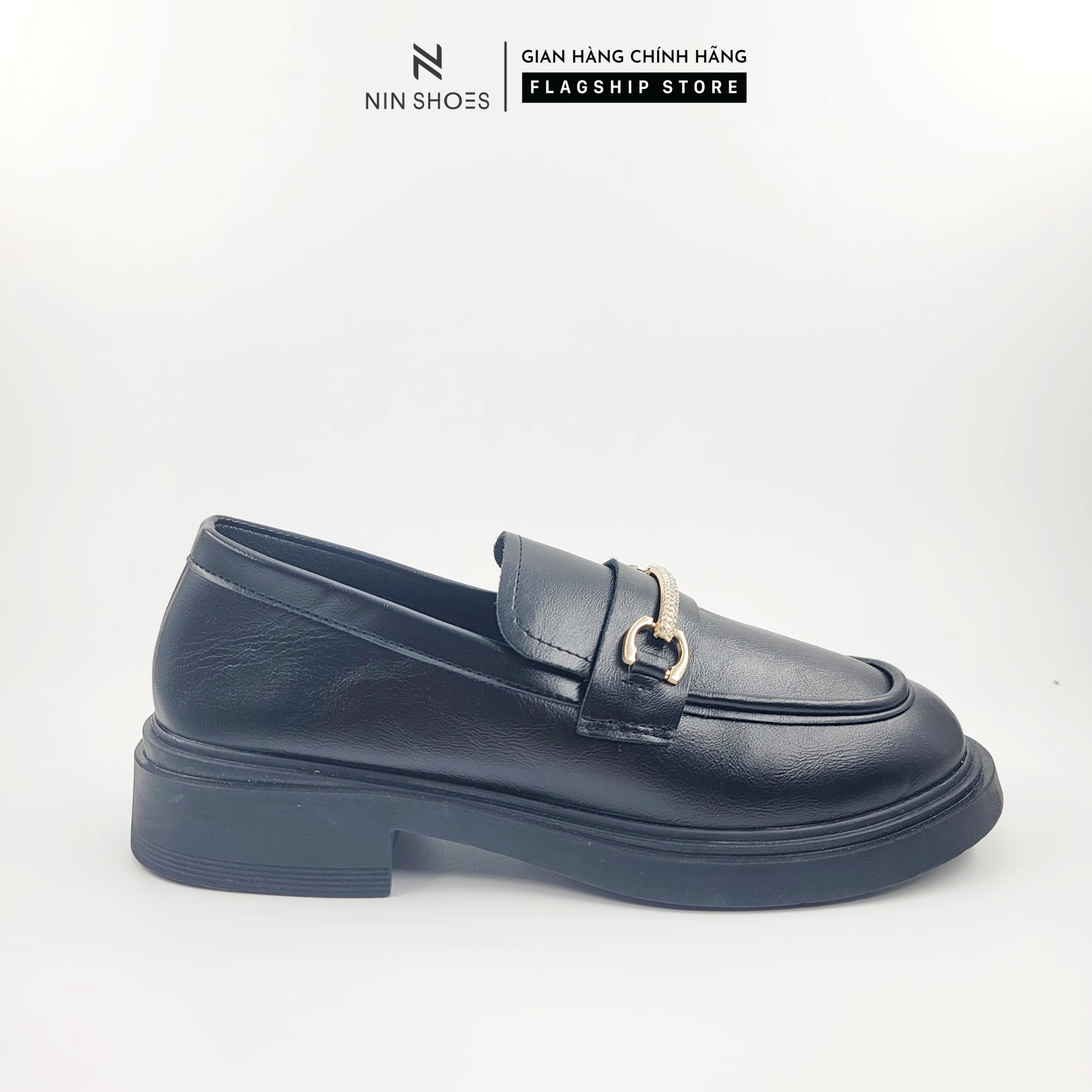 Giày bệt nữ Ninshoes - Giày oxford đế độn mũi tròn khuy vàng đính ngọc hot trend phong cách hàn quốc